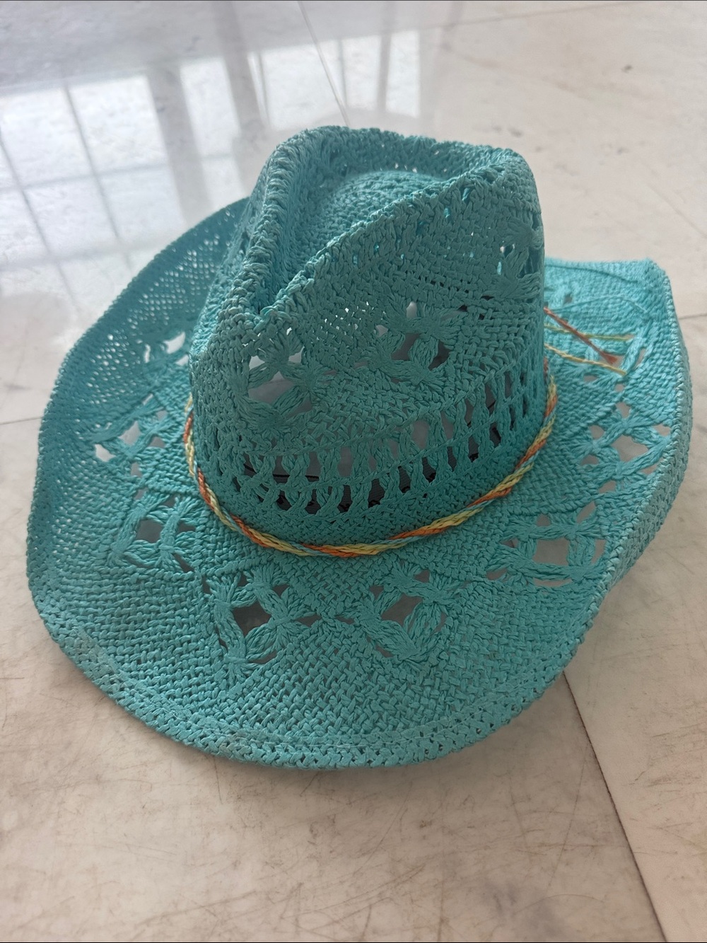 Peter Grimm Teal Crochet Straw Cowboy Hat with Braided Band